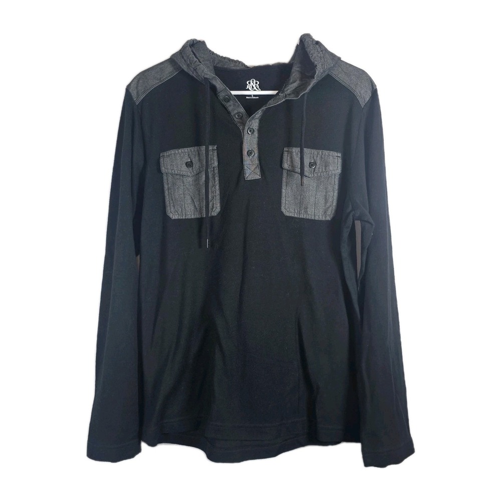 Rock & Republic Mens Hooded Henley Shirt Sz L Black Gray Trim Long Sleeve EUC